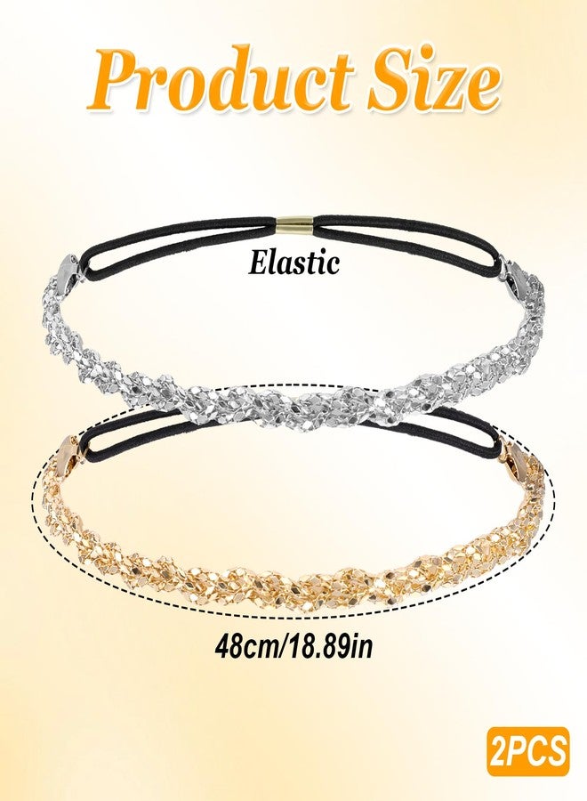 Xyembu 2 PCS Adjustable Silver and Gold Elastic Rhinestone headband, Rhinestone Beaded Headbands, 70s Crystal headbands, Sparkly Crystal Braid Headpiece for Woman Girls Hair Accessories - Image 2
